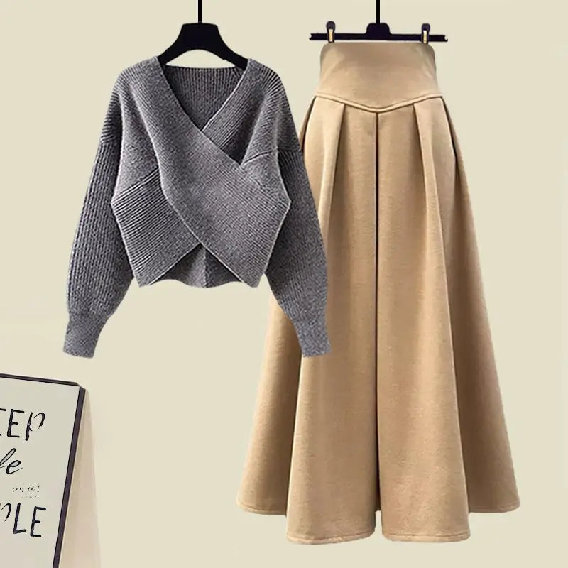 Maxy Style Autumn New Chest Cross Knitted Sweater Pullover Pleated Half Skirt Two-piece Set Fashionable Women's Skirt Set