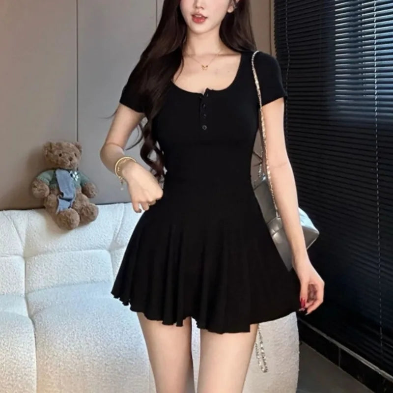 Maxy Short Sleeve Mini Dresses Women Summer Spicy Girls Slimming Pleated Single Breasted Trendy Fashion Ulzzang Casual Daily Female