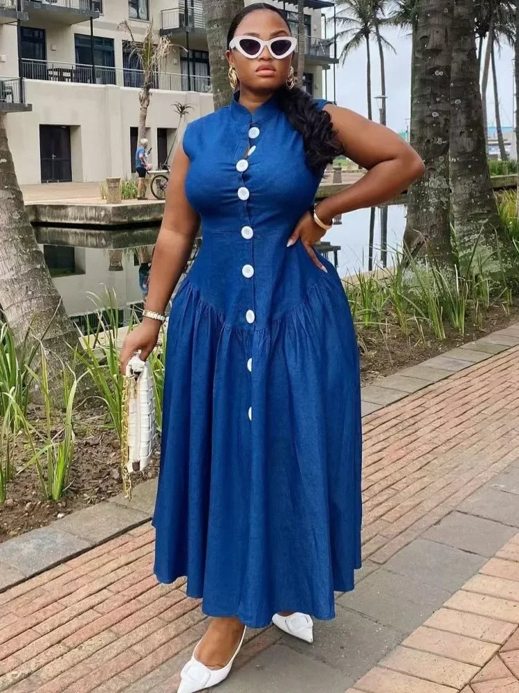 Maxy Dresses for Women Elegant Denim Dashiki Spring Summer Maxy Dress Ladies Traditional African Clothing Fairy Dreaes