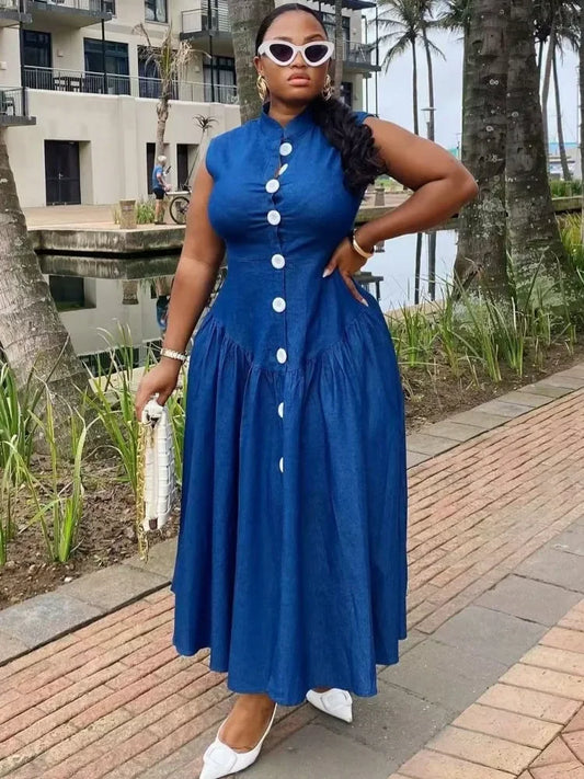 2025 African Dresses For Women Elegant Denim Dashiki Spring Summer Maxi Dress Ladies Traditional African Clothing Fairy Dreaes