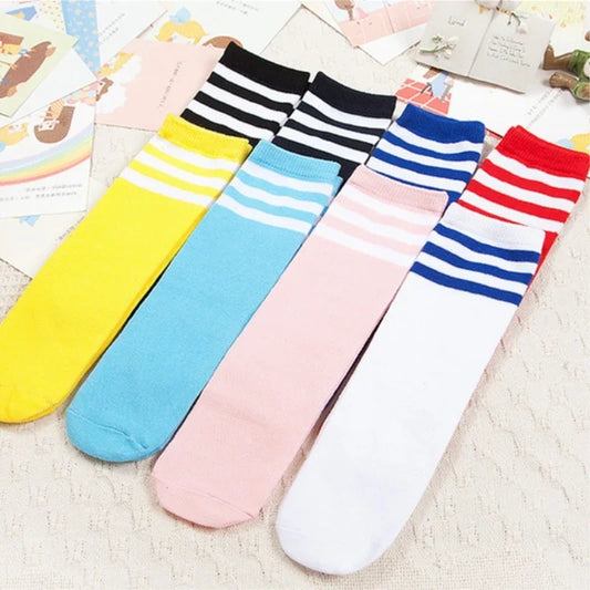 Maxy Kids Knee High Socks Girls Boys Football Stripes Cotton Sports School White Socks Skate Children Baby Long Tube Leg Warm