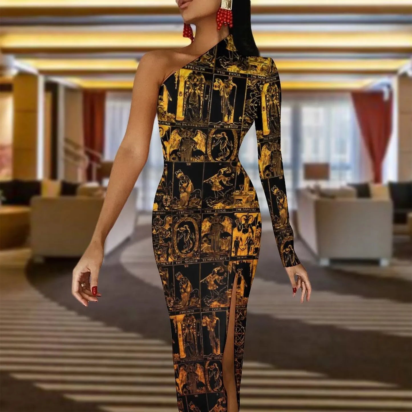 Maxy Gold And Black Tarot Bodycon Dress Women's Major Arcana Night Club Maxy Dress Long Sleeve Party Custom Dresses Birthday Present