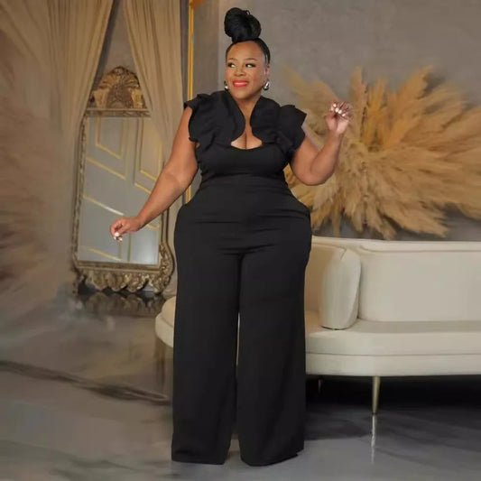 Plus Size 5XL Mercygrace Lace Elastic Slim Fit Wide Leg Jumpsuit Urban Fashion Party Elegant Solid Color Women's Clothing