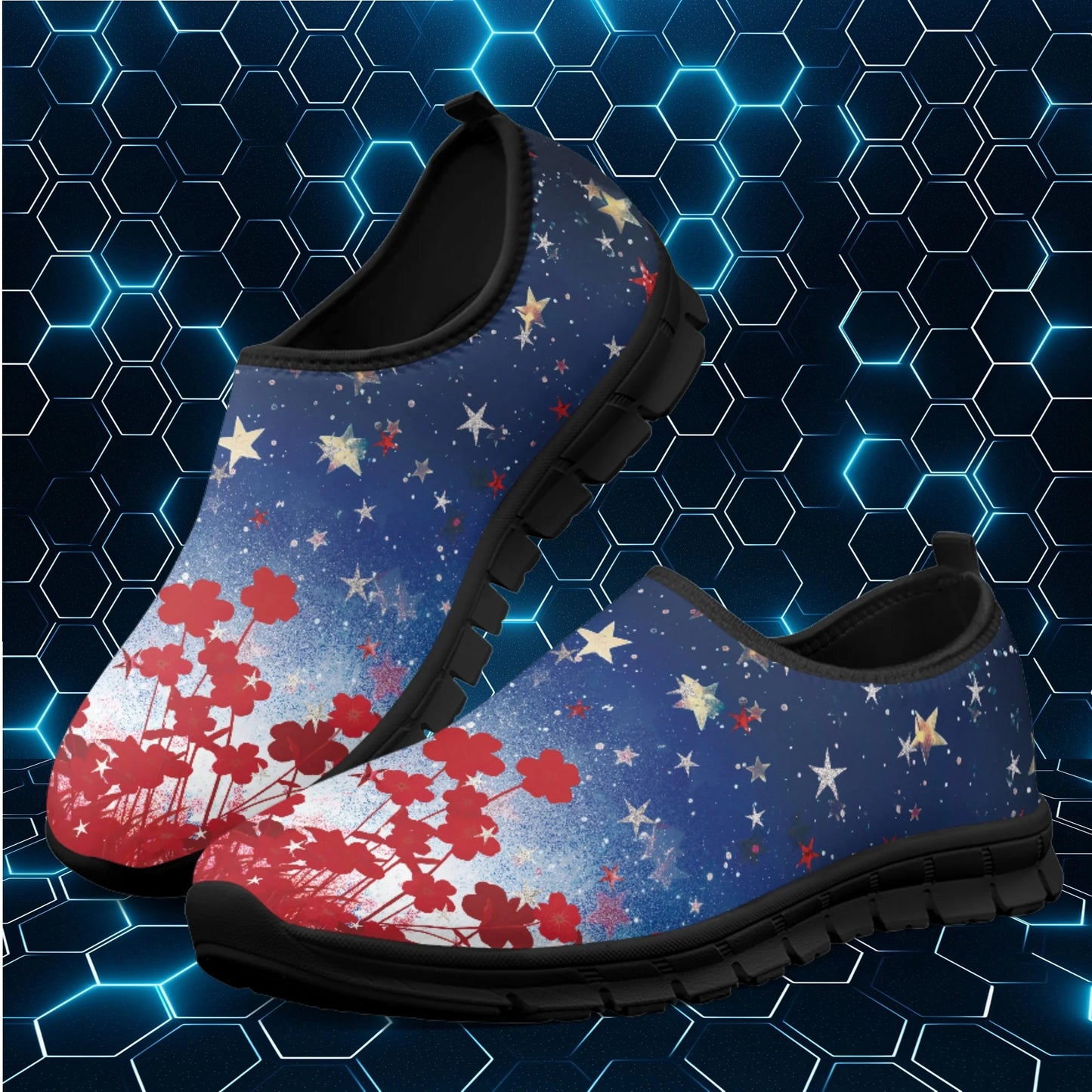 Maxy Women Flat Shoe Red Flowers Stars Walking Comfortable Casual Workout Sneakers Breath Mesh Shoes Loafers