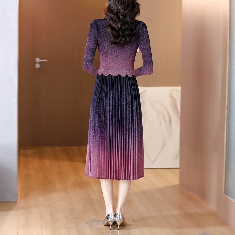 Maxy Wrinkled Autumn Starry Sky Color Matching Slimming Dress Women's High-end Versatile Ribbon Skirt Miyake Maxy Dress