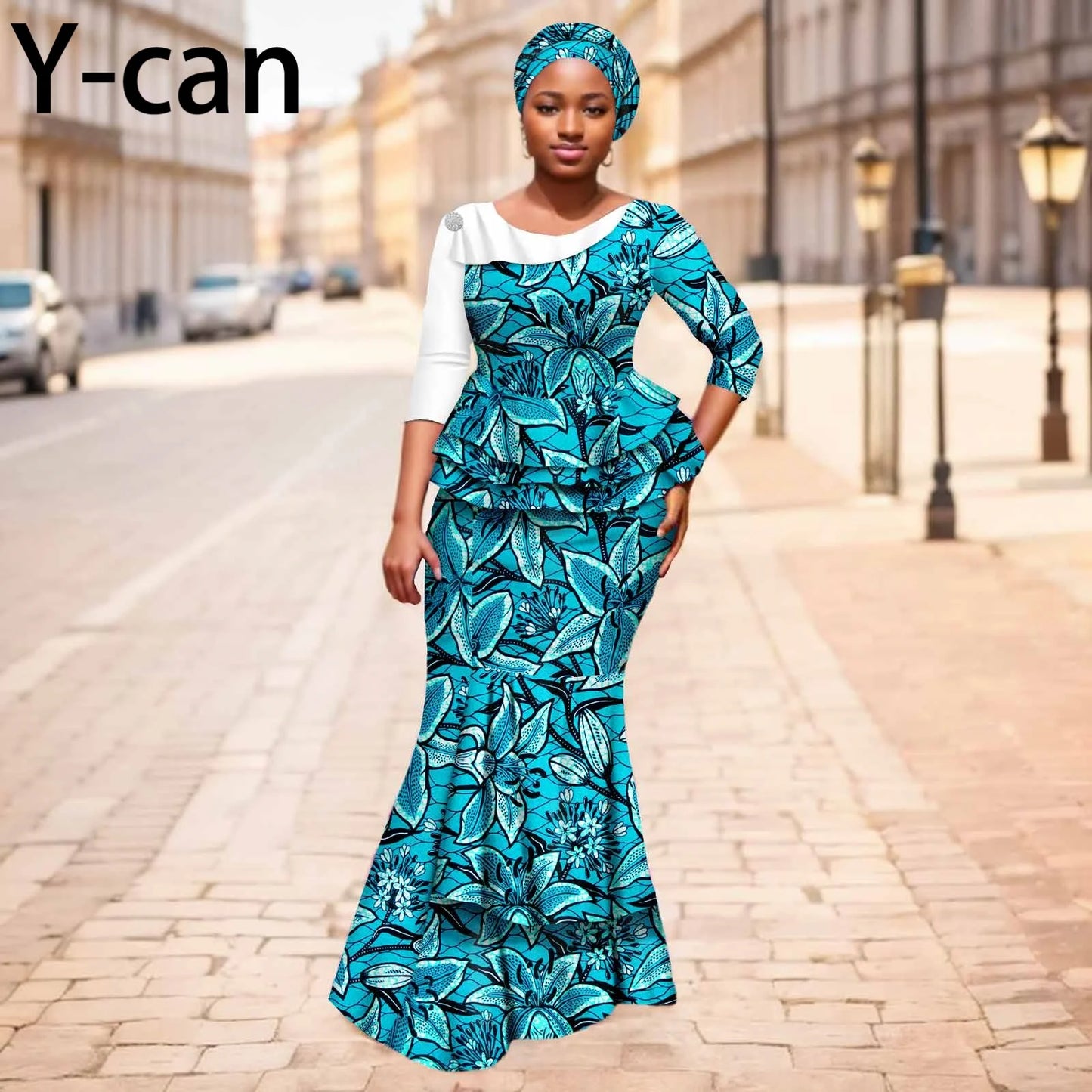 Maxy New African Dresses for Women Dashiki Print Patchwork Top and Mermaid Skirt Match Turban Traditional Wedding Party Dress 2526004