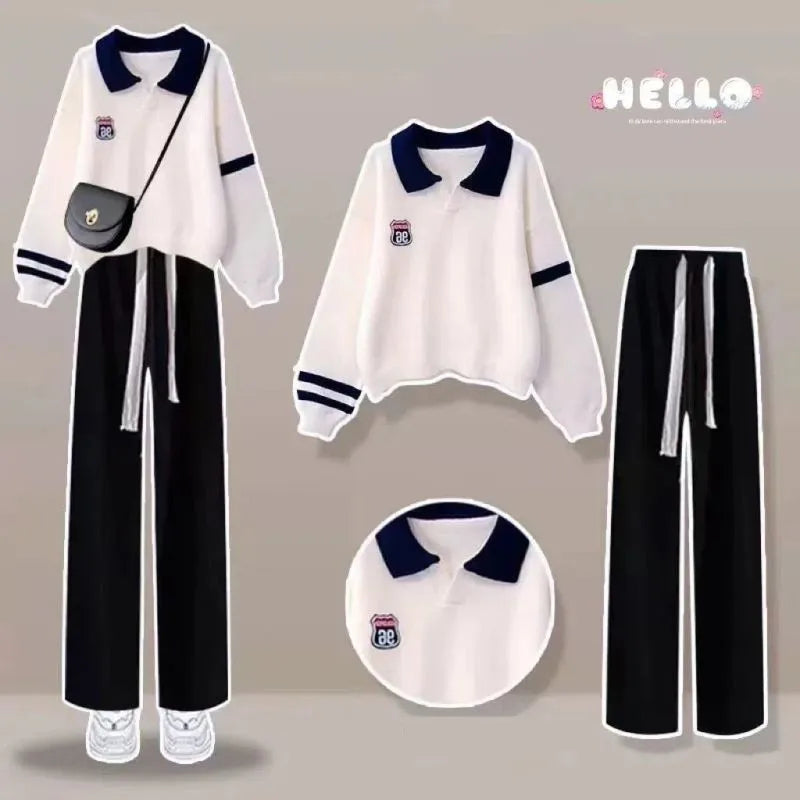 Maxy Spring New Polo Shirt Sweater + Casual Sports Wide-leg Pants Two-piece Woman Tracksuit Set Korean Elegant Loose Sportswear