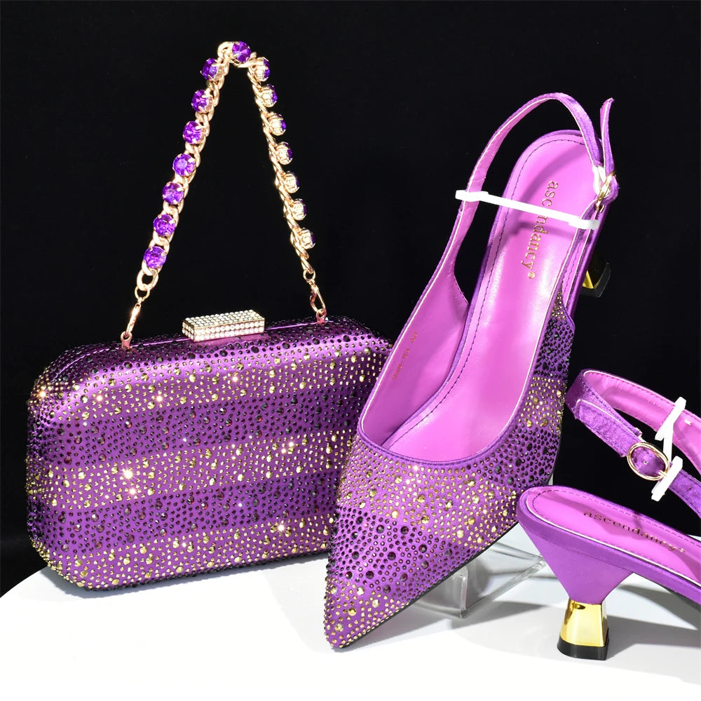 Maxy beautiful hot sell Shoes And Bag Sets for Evening Party with Stones Leather Handbags Match Bags!