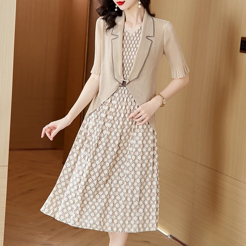 Maxy Pleated Dress Autumn New Style Plaid Suit Collar Pleated Skirt Waist Slimming Magic Skirt Set Maxy Dress for Women