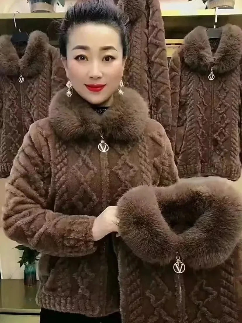 Maxy Mother Winter Jacket Thicken Imitation Mink Velvet Woolen Coat Fashion Fur Collar Large Size Zipper Knitted Cardigan Sweater 5XL
