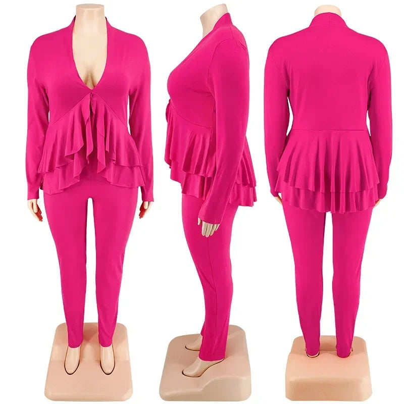 Amay Plus Size Women Set Fashion Ladies Ruffles Hem V-neck T-shirt and Legging Pants Suit Spring Female Two 2 Piece Set Outfit