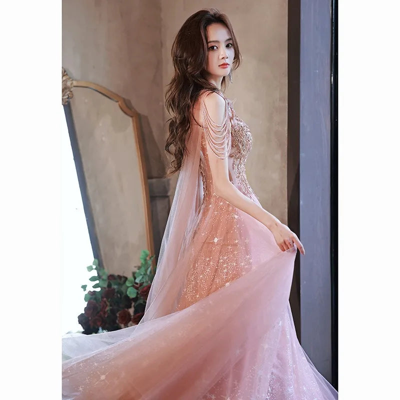 Maxy Summer Women's New Super Immortal Beaded Glitter Celebrity Long Style Banquet Evening Dress Fashion Art Exam Host Dress