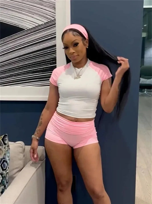 Maxy Sporty Patchwork 3 Piece Set Women Casual Summer Headband Crop Top+High Waist Bike Shorts Street Matching Tracksuit