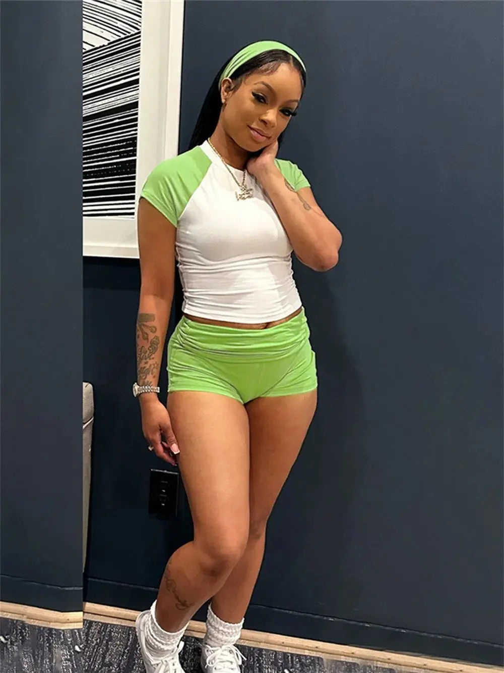 Maxy Sporty Patchwork 3 Piece Set Women Casual Summer Headband Crop Top+High Waist Bike Shorts Street Matching Tracksuit