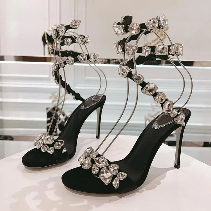 Maxy Dress Shoes Rhinestone Decor Elastic Strap Thin High Heels Sandas Women Snake Shaped Entanglement Sandals Summer Party Shoes