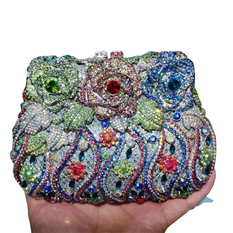 Maxy Colorful Women Flower Stone Clutch Dinner Party Evening Bags Wedding Bridal Crystal Minaudiere Floral Handbag Diamond Gift Purse