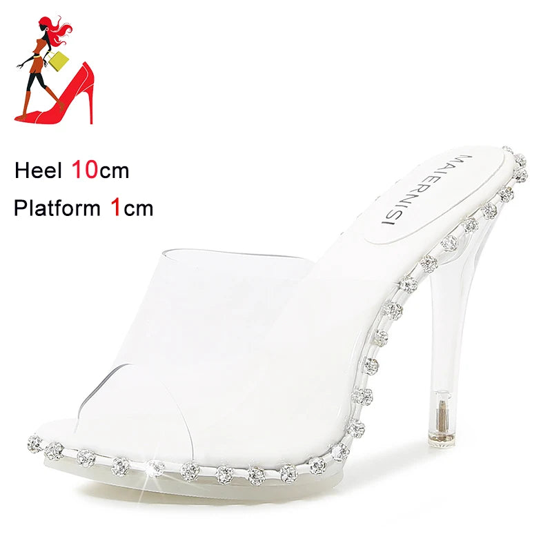 Momsey 2024 New Lady Transparent High Heels Summer Luxury Crystal Sandals 10CM Women Elegant Party Shoes Designer Rhinestone Slippers