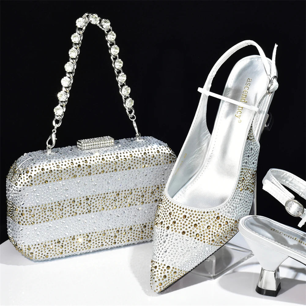 Maxy beautiful hot sell Shoes And Bag Sets for Evening Party with Stones Leather Handbags Match Bags!