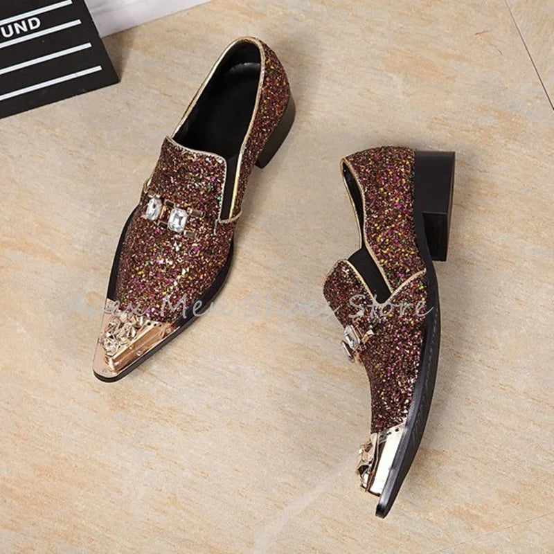 Visco Genuine Leather Rhinestone Sequin Men's Loafers Slip On Metal Pointed Bling British Dress Shoes Trendy Versatile Wedding Shoes