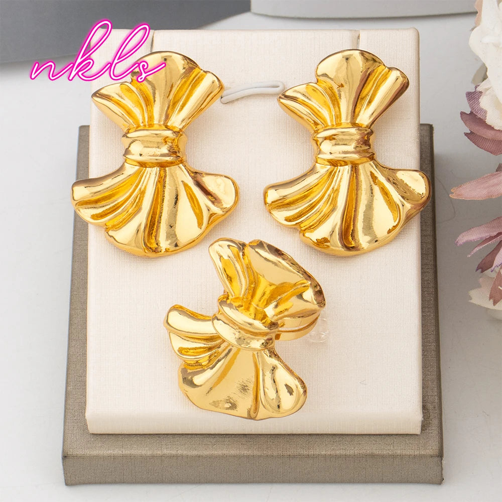 Maxy Gold Color Fashion Earrings and Ring Set Dubai Trend Jewelry Set for Women Luxury Bride Wedding Jewelry Daily Wear Party
