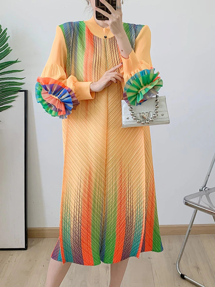 Maxy Miyake Pleated Elegant Dress Women Round Neck Spliced Fungus Long Sleeve High Stretchy Loose Dresses Spring New 6R0518