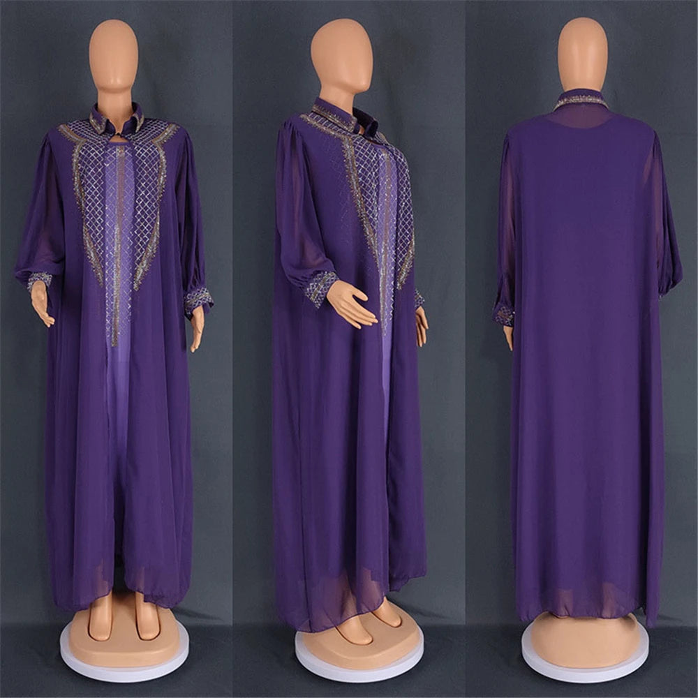 Maxy 2 Piece Set African Dresses for Women Evening Dress Diamonds Party Gown Dubai Abaya Kaftan Chiffon Wedding Outfit