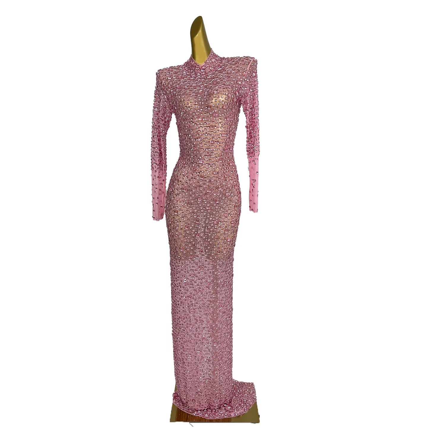 Maxy Red Diamonds Dress See Through Long Sleeve Evening Dress Festival Clothing Rhinestone Prom Gowns  Special Occasion Dress Gesebei