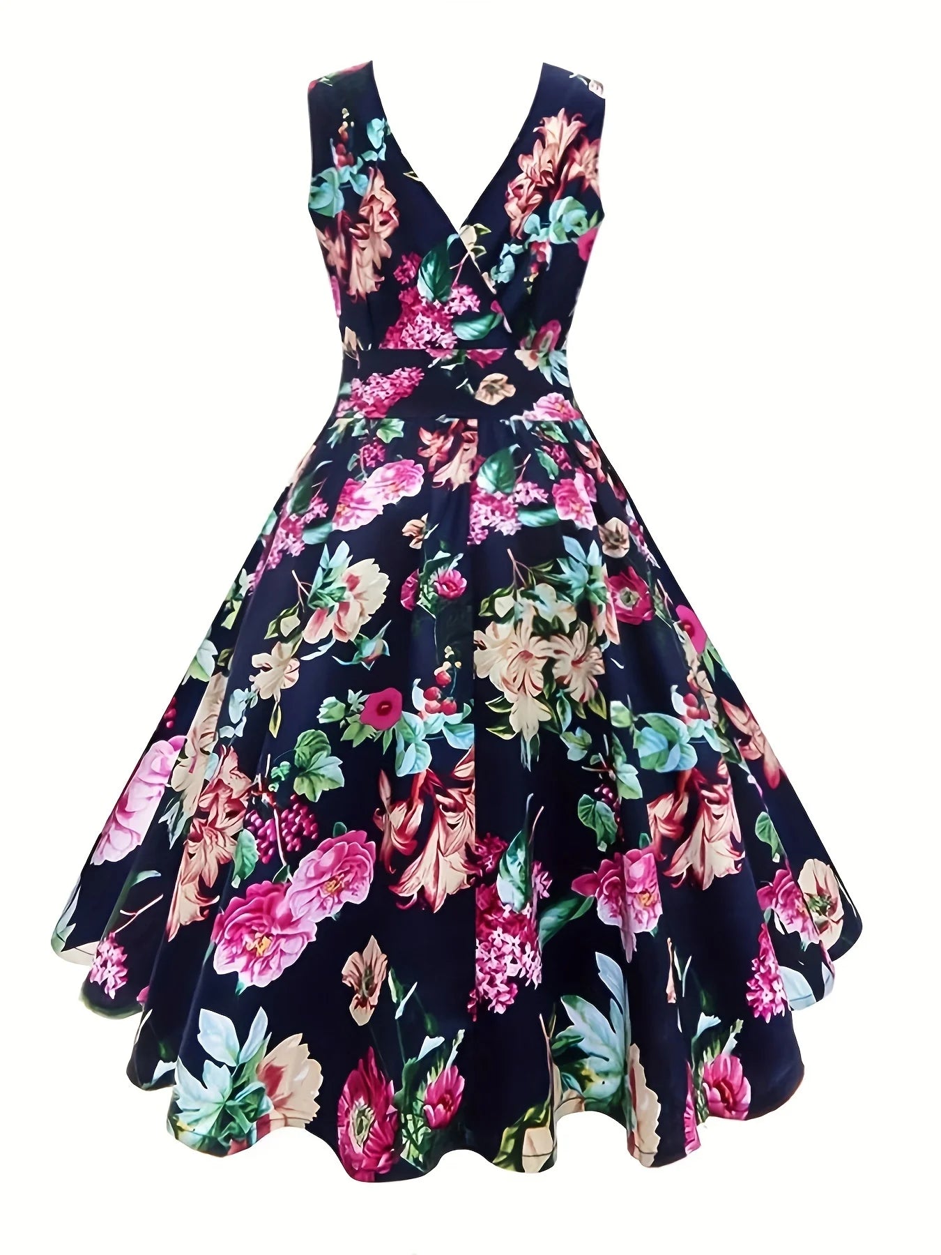 Maxy Plus-size floral print waist dress elegant sleeveless V-neck dress suitable for spring and summer party travel dating