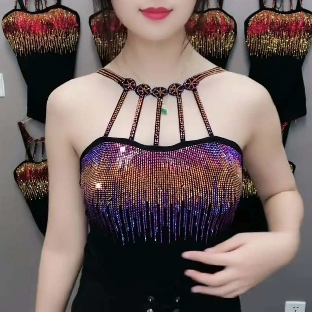 Maxy Spring Summer New Fashion Women Vest Camisole Pendant Bottomed Lady Shirt Vest Color Diamond Rhinestone White Blue