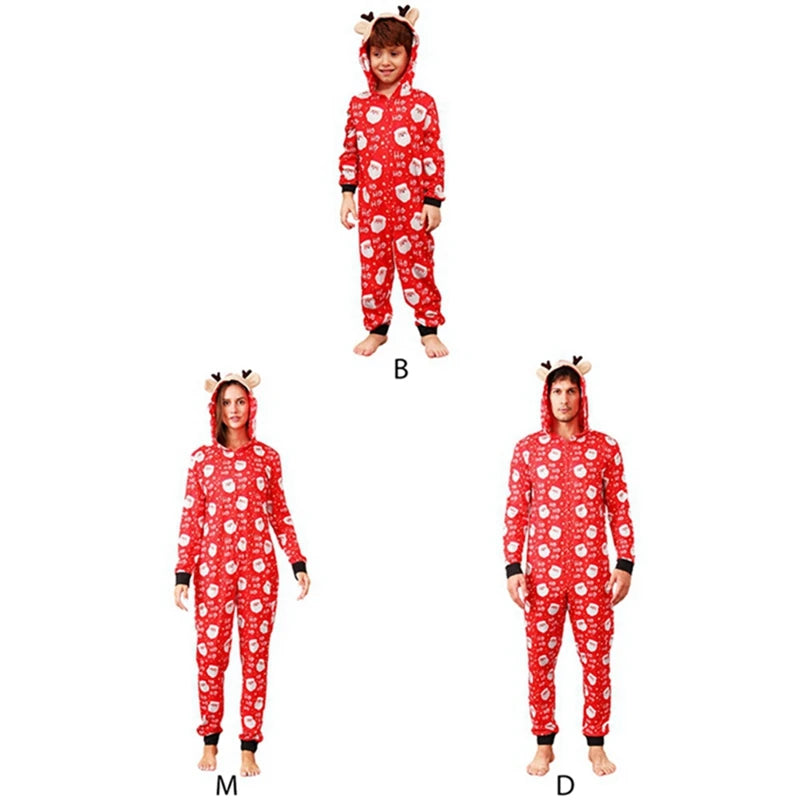 New Christmas Gift for Family Pajamas Cute Deer Ear Hooded Jumpsuit Mother Father Kids Baby Outfit Rompers Xmas Family Look Set