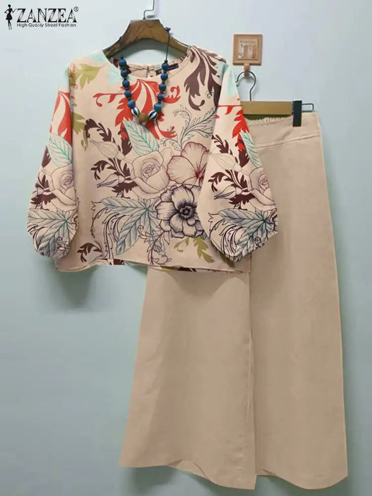Maxy ZANZEA Summer Vintage Floral Printed Blouse Pants Sets Two Piece Sets Womens Outifits Bohemian Wide Leg Trousers Suits Tracksuit