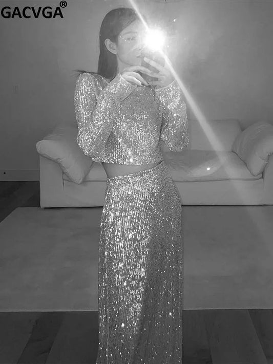 Maxy Autumn Sequin Dress Suit Sexy Club Party Women Crop Top+Long Skirt Elegant Two Piece Matching Set