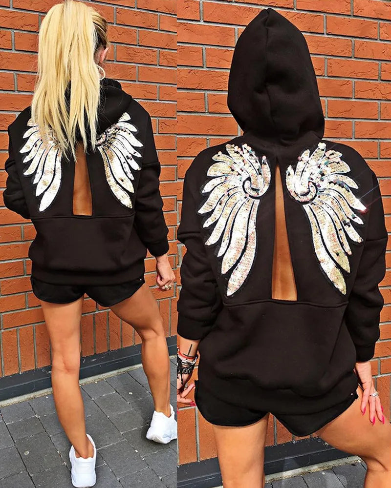 Maxy 2 Piece Sets Women Sequin Wings Pattern Back Slit Long Sleeve Hooded Sweatshirt & Casual Daily Shorts Suit Outfits Spring