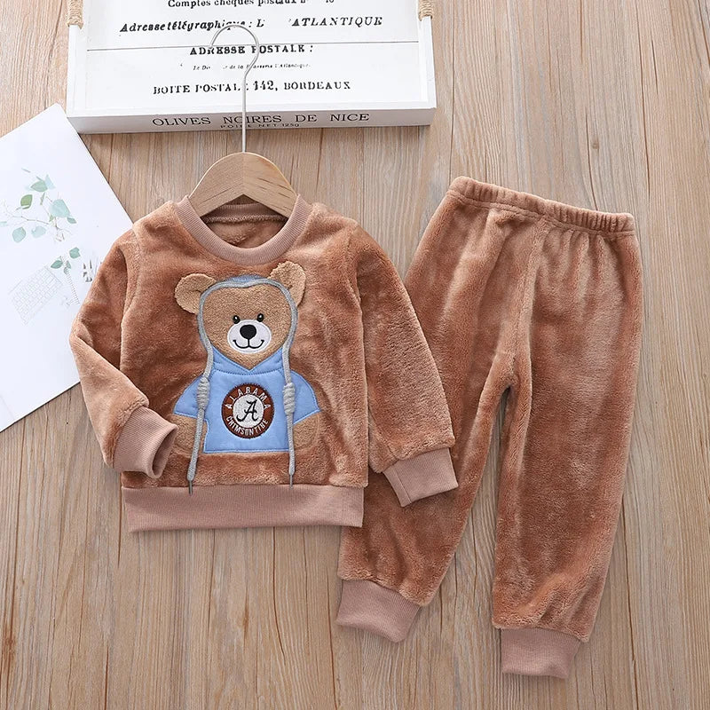 Babs Boy Clothing Set Autumn and Winter Velvet Thick Warm Casual Hooded Sweater Cartoon Cute Bear 3Pcs Toddler Girl Clothes Suit