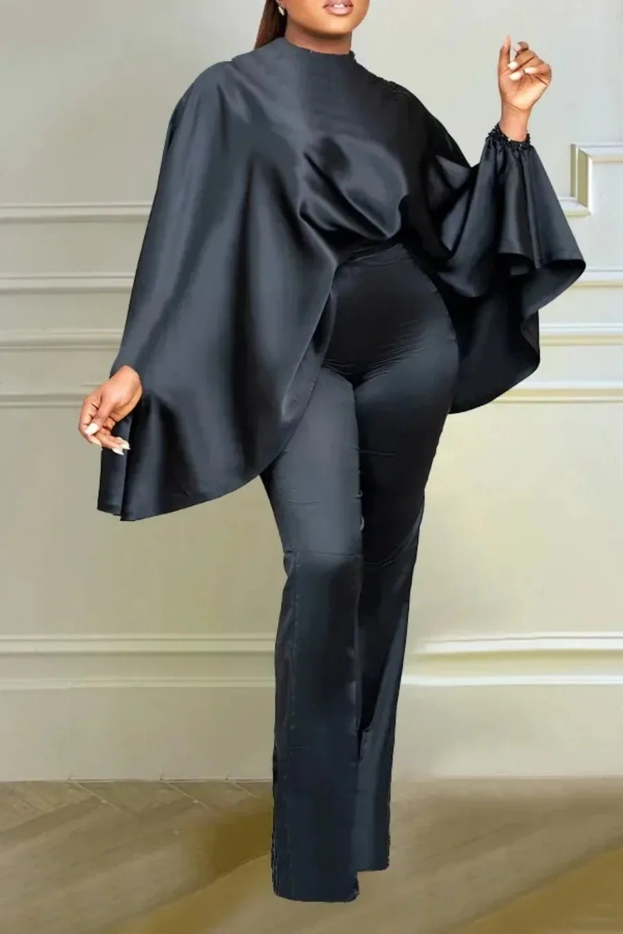 Maxy Spring Autumn Elegant Africa Long Cloak Sleeve O-neck Polyester 2 Piece Top Long Pant Matching Sets Clothing