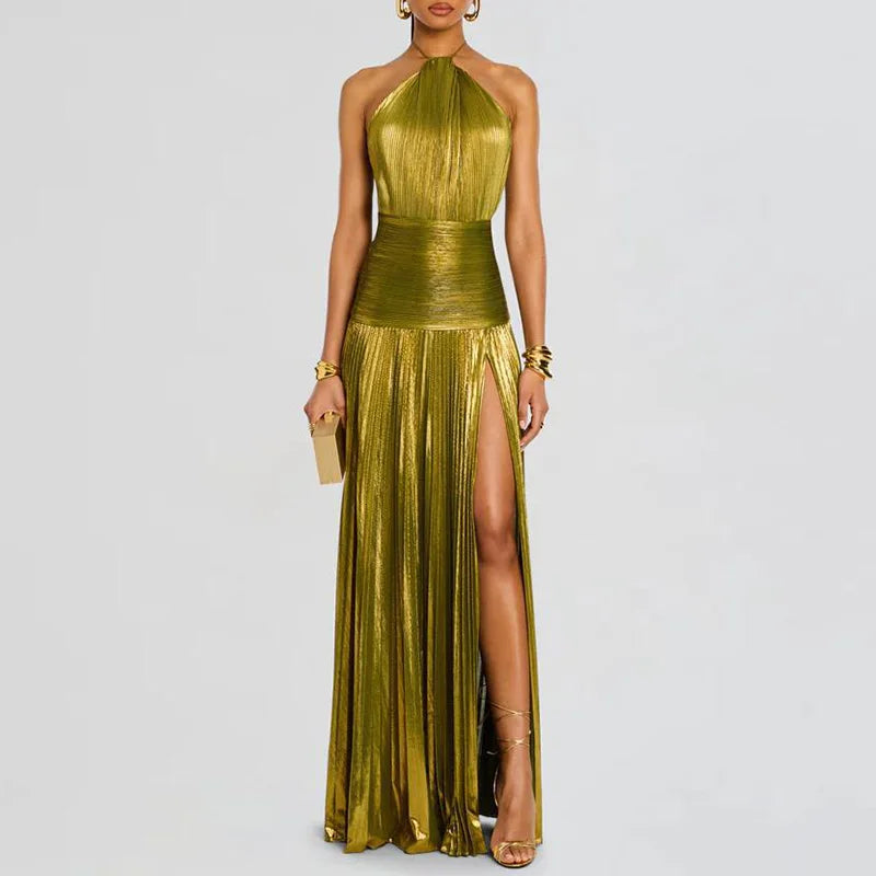 Maxy Gold Sexy Halter High Split Gowns Evening Dress Woman Chic Solid Hollow Pleated Long Dress Spring Summer Backless Zip Maxy Dress