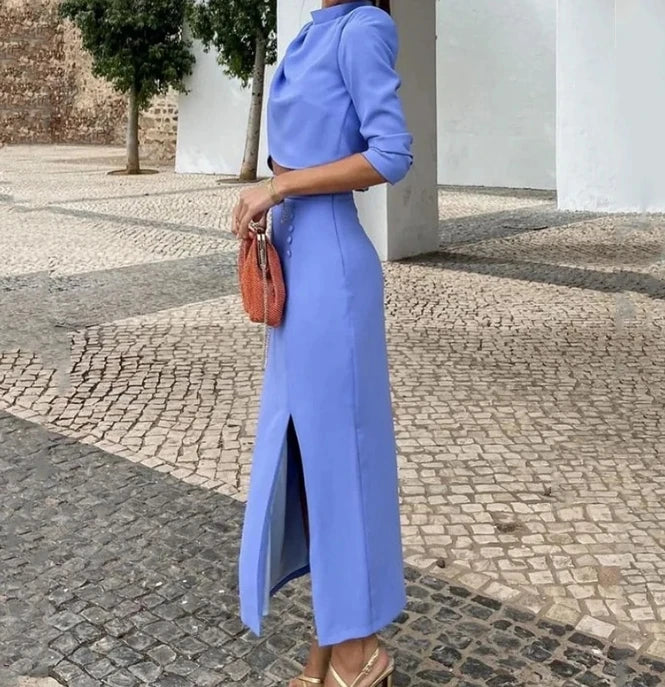 Maxy Elegant two piece set for woman Business casual autumn fashion solid color O-neck pleated hem crop top hem slit long skirt set