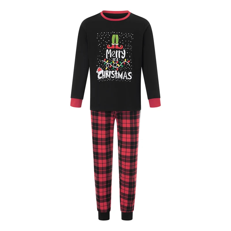 Maxy Christmas Family Pajamas Matching Set, Long Sleeve Letters Print T-shirt with Plaid Pants Sleepwear Loungewear