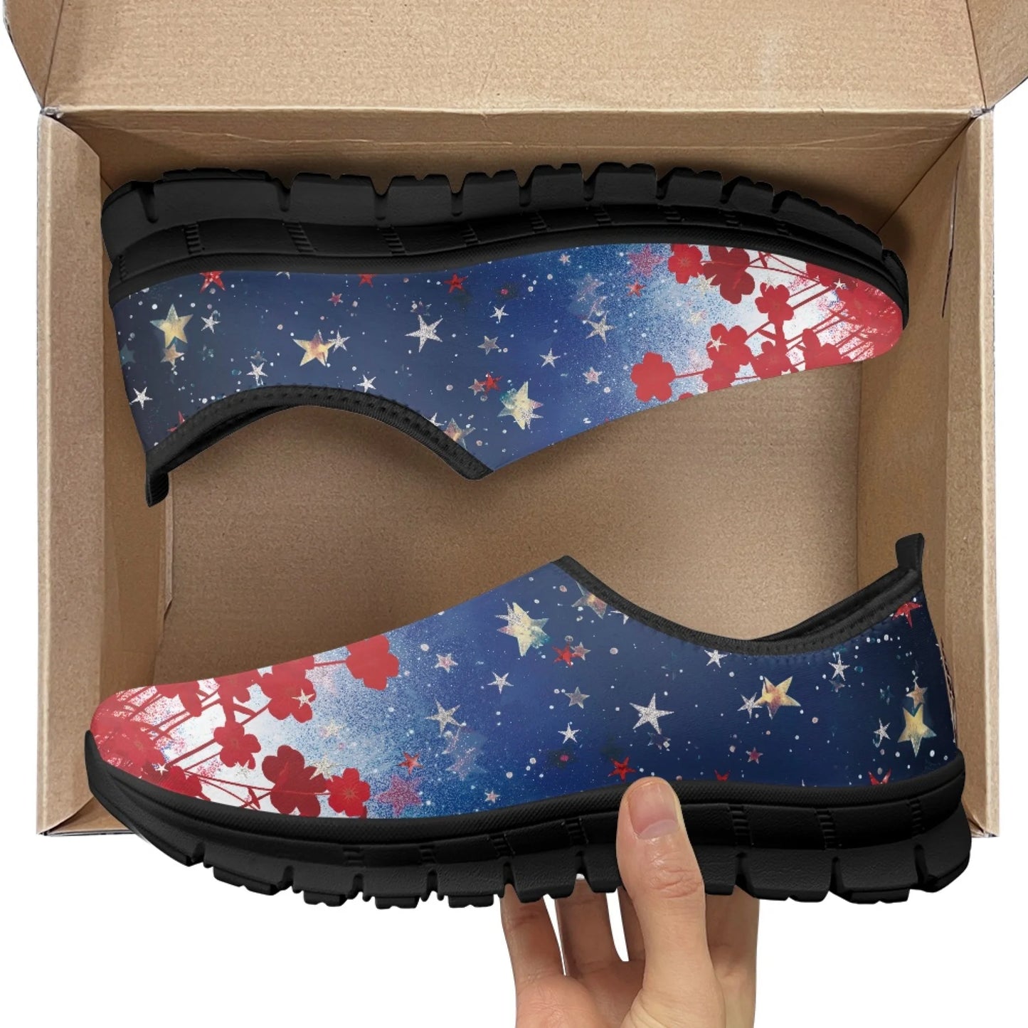 Maxy Women Flat Shoe Red Flowers Stars Walking Comfortable Casual Workout Sneakers Breath Mesh Shoes Loafers