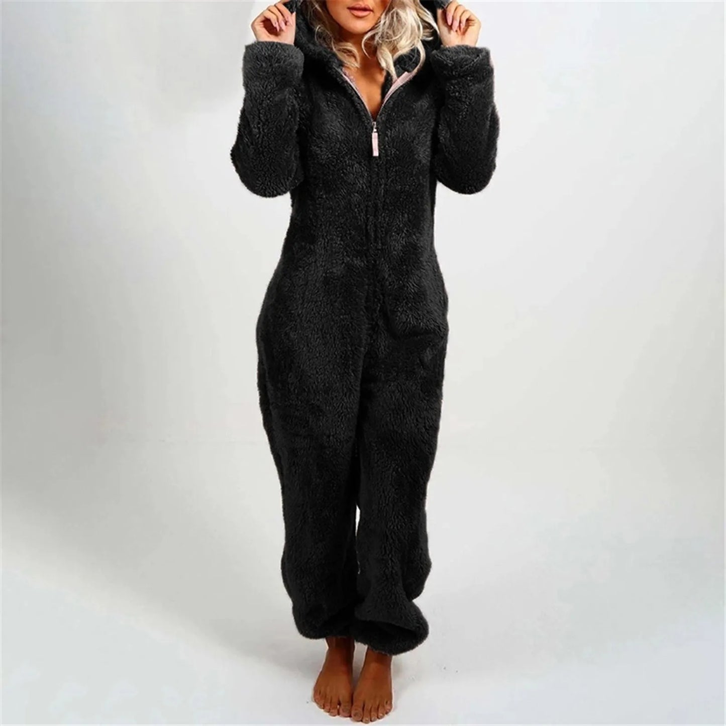 Babs Plus Size Coral Fleece Jumpsuit for Women Christmas Pajamas One-Piece Pyjamas Winter Warm Women Hooded Onesies Sleepwear