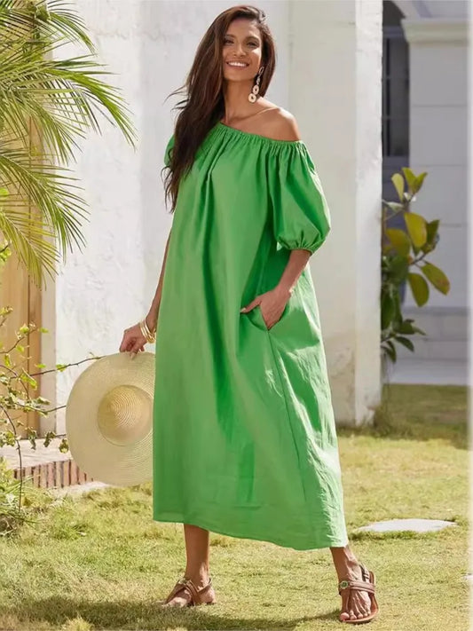 Maxy New Dress Casual Puff Sleeves Slant Shoulder Elegant Dress Fashion Green Loose Office Holiday Beach Party Dresses Robe Femme