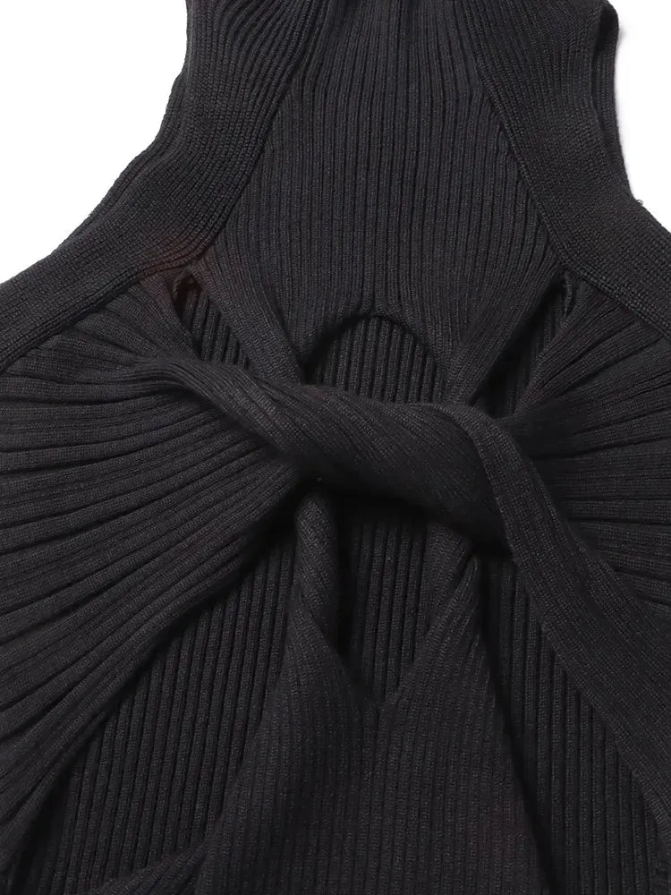 Maxy TWOTWINSTYLE Knitting Hollow Out Dresses For Women Stand Collar Sleeveless High Waist Temperament Slimming Dress Female Clothing