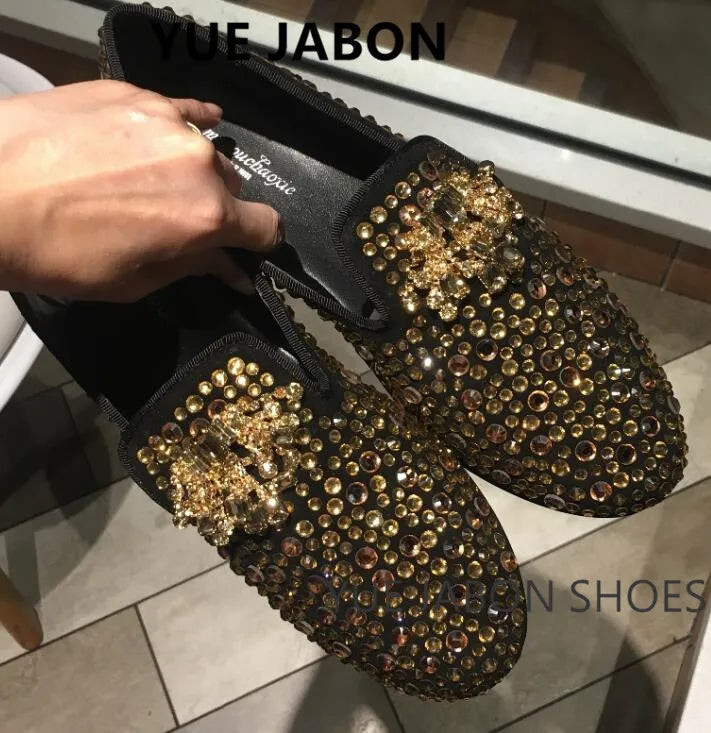 Visco New Fashion Men Rhinestone Shoes British Men's Flats Smoking Slippers Men Loafers Dress Shoes Black Casual Shoes Gladiator Mens