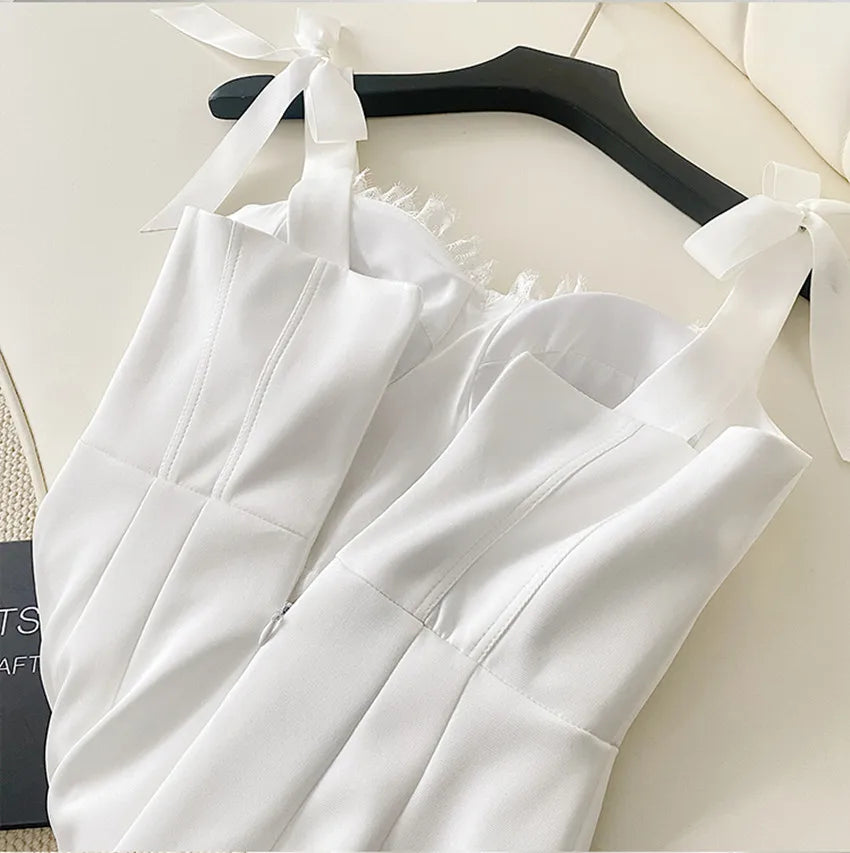 Babs High Quality Women Bow Spaghetti Strap Bodycon Dress 2024 Summer White Sleeveless Strapless Chest Pad Sheath Club Party Clothes