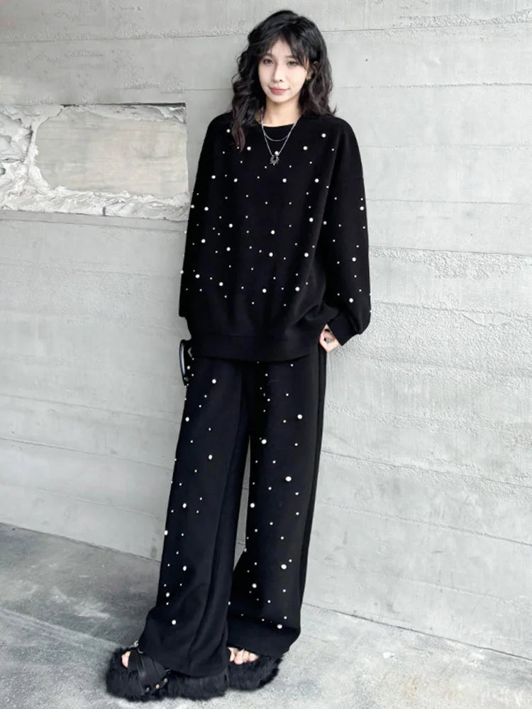 Maxy [EAM] Nailed Big Size Sweatshirt Wide Leg Pants 2 Pcs Suit New Round Neck Long Sleeve Women Fashion Spring Autumn 1DH4795