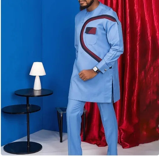 Amay Men Two Piece Outfit Set Long Sleeve Solid Color Panel Top and Pants Festival Party Set Ethnic Style Men's Suit