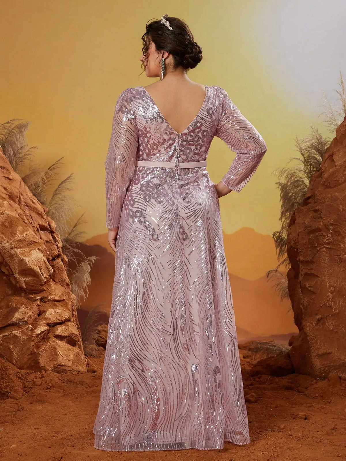 Maxy New Arrival V Neck Noble Large Size Evening Gown Dress Sequin Belt Long Dress