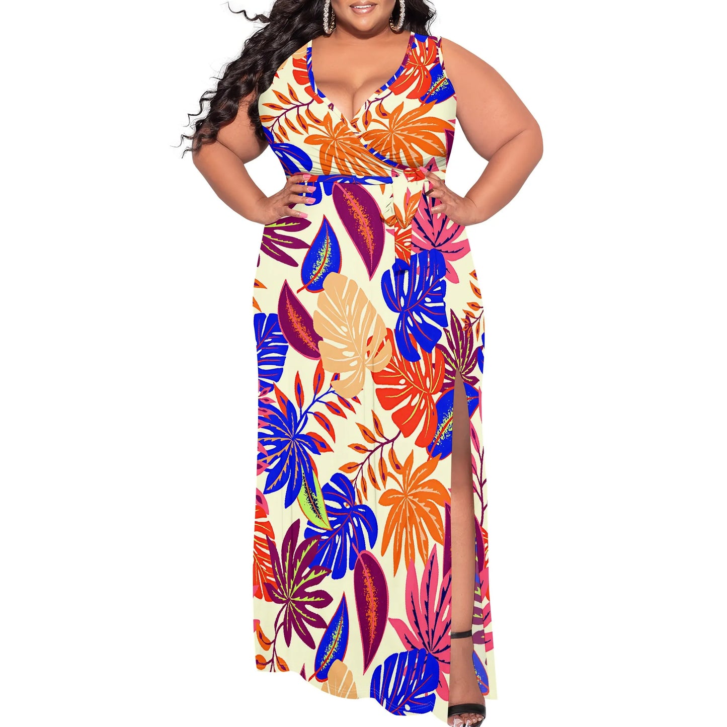 Maxy Plus Size Women's Sexy Casual Dresses for Curvy Women 3D Printed halterneck V Neckline Short Sleeve Loose High Vent Maxy Dress
