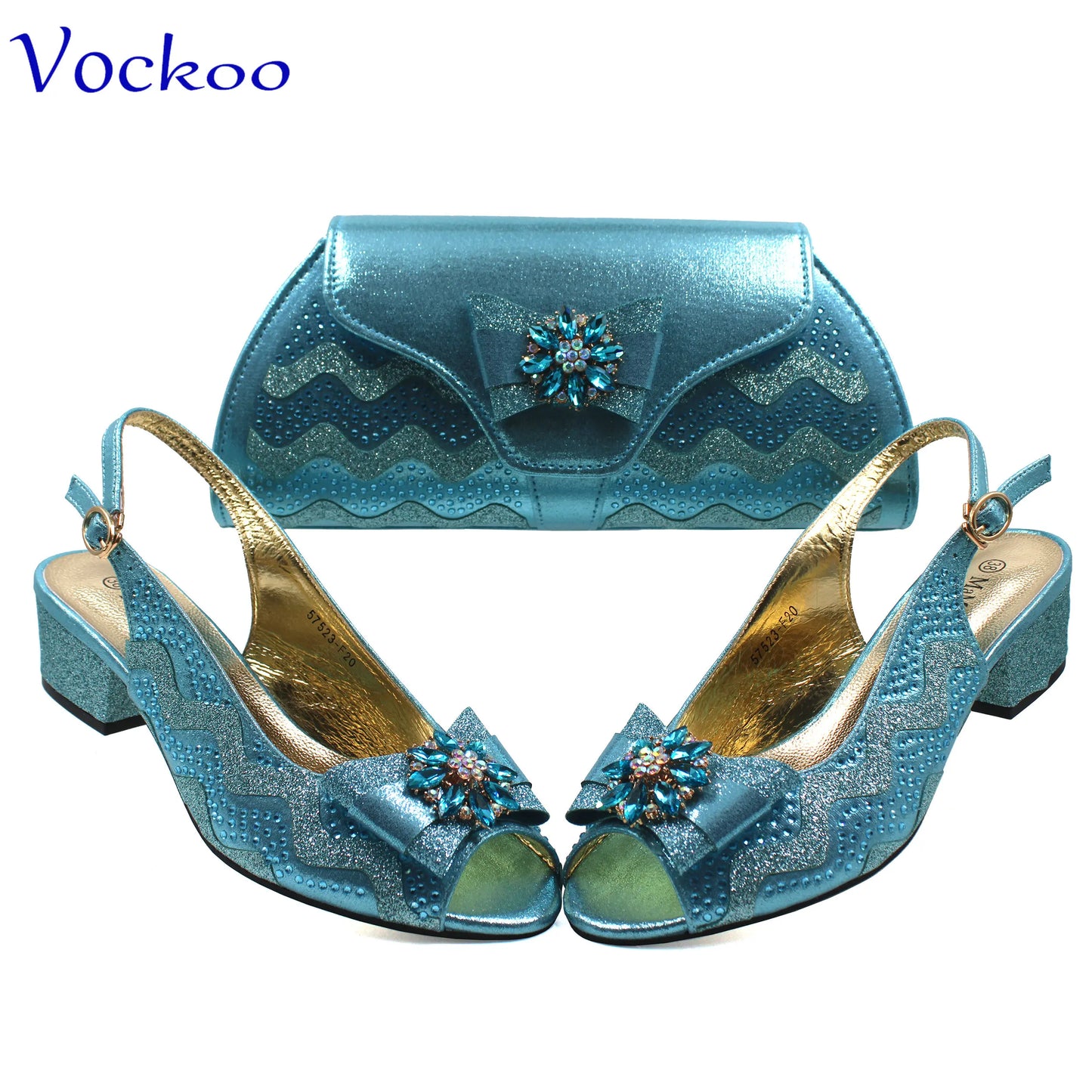 Maxy Elegant Ladies Shoes Matching Bag Set-in Sky-Blue Color Slingbacks Peep Toe Low Heels Fashion New Design Italian for Wedding