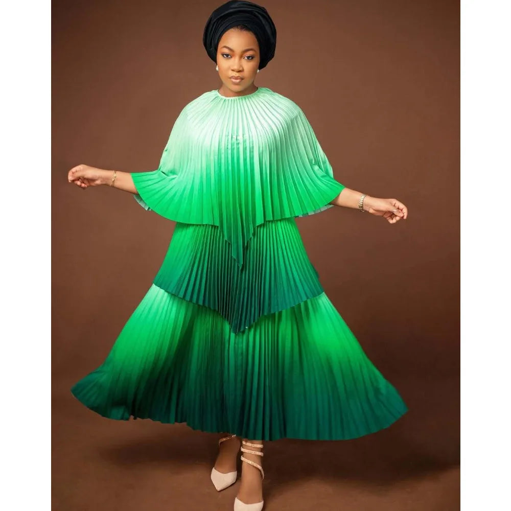 Maxy Fashion Plus Size Women Dress Miyake Pleated Gradient Color Ladies Clothing Irregular Shawl Top &  A-line Skirt New